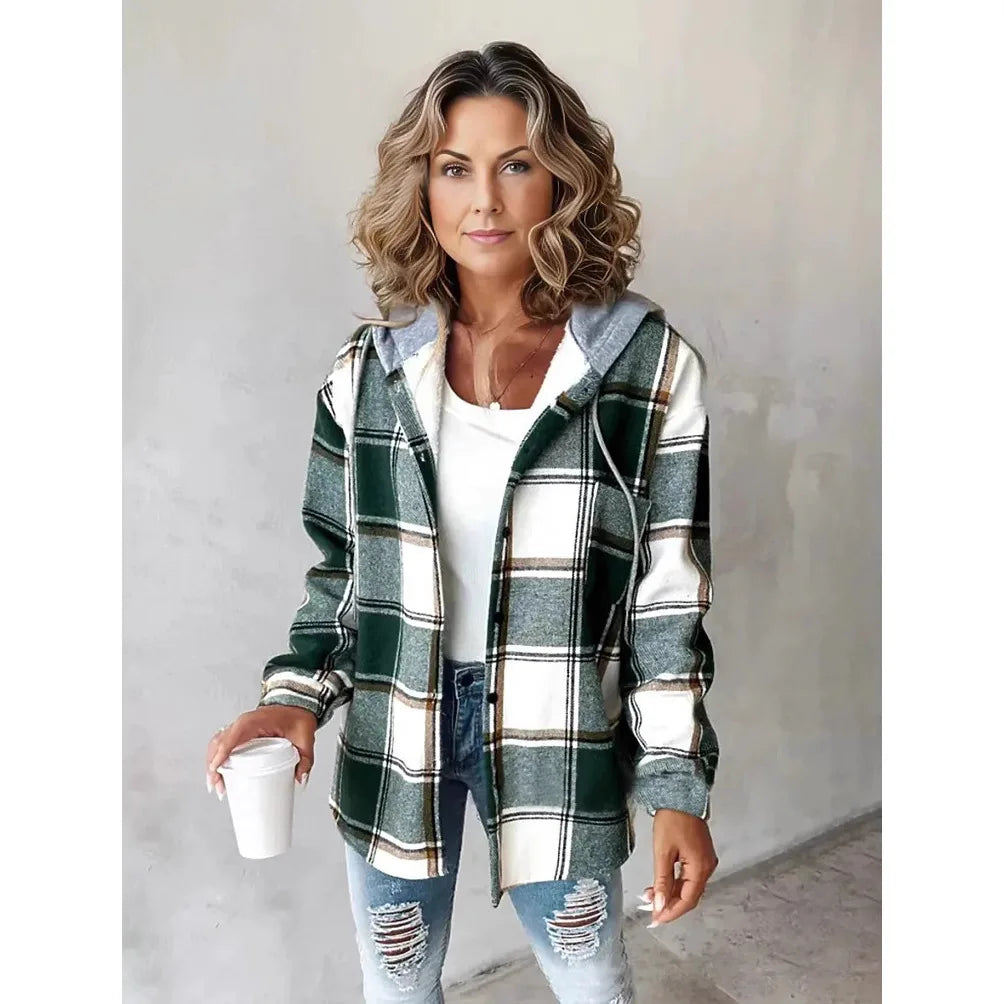 Women's Autumn Large Plaid Style Hooded Jacket With  Casual Loose Black White Plaid Coat Button Fall Top