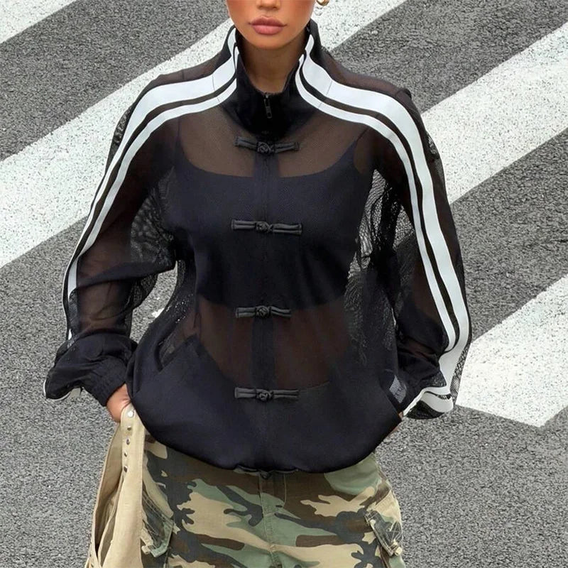 Women's Y2K Streetwear Style Sheer Mesh Jacket Stand Collar Long Sleeve Loose Side Stripe Frog Button Jacket
