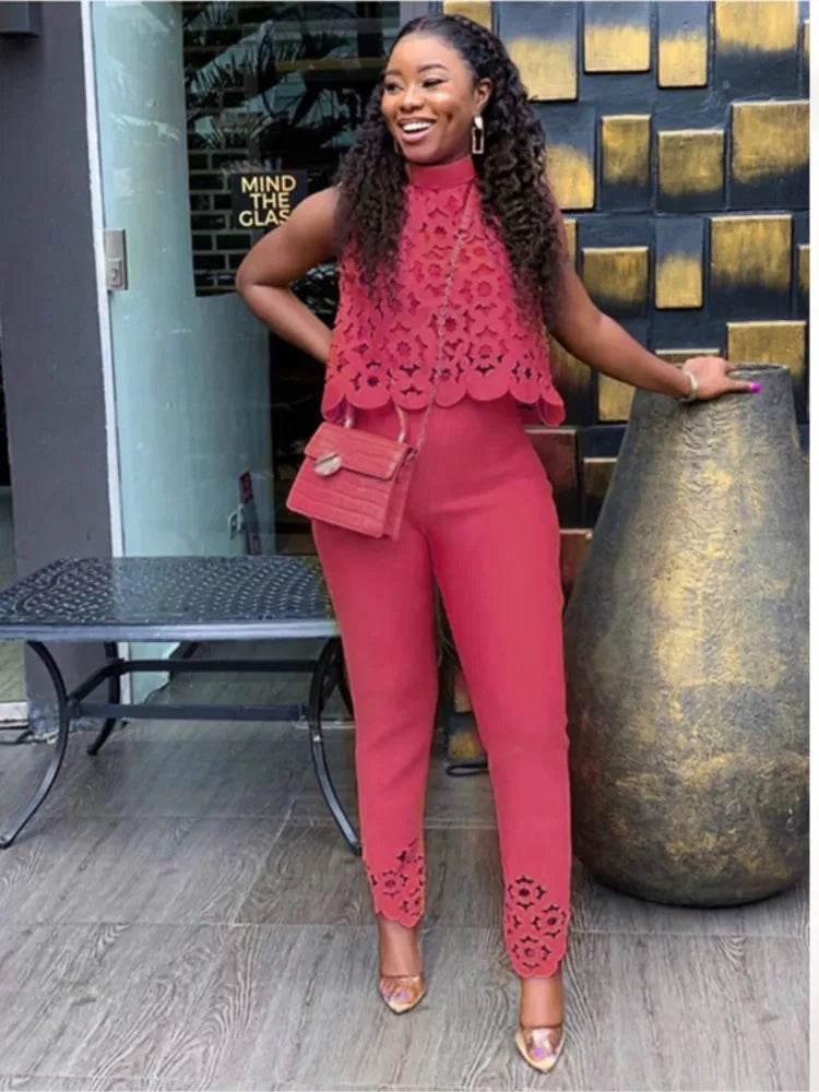 Women's Spring Summer Fashion Suits Hollowood Sleeveless O Neck Women's Simple Slim Suit Pants Elegant Office Female 2 Piece Set