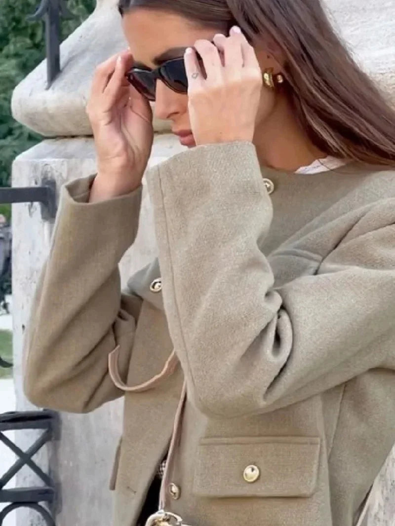 Women's Autumn/Winter Vintage Jackets crew neck gold button flip pocket embellishment short coat