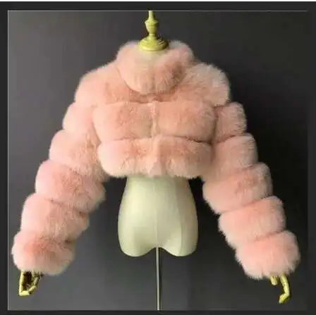 DEAT Fashion Women's Faux Fur Coats Neck Long Sleeve Zipper Short Solid Color Thick Warm Jackets Winter 2024 New 7AB6434