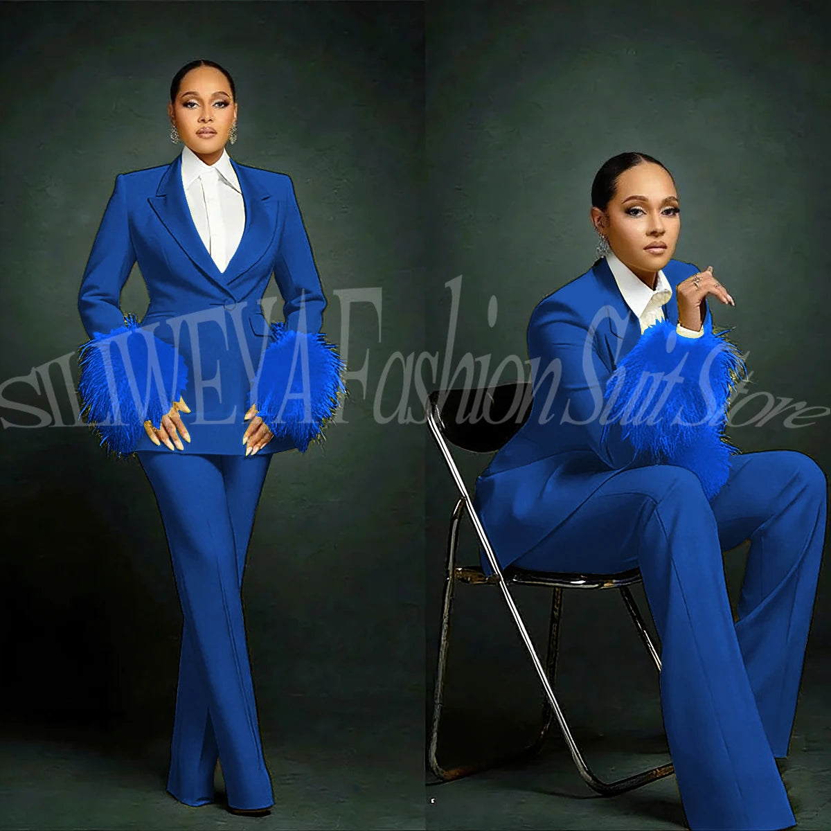 Women's  Luxury Feather Applique Single Breasted 2 Piece Suits