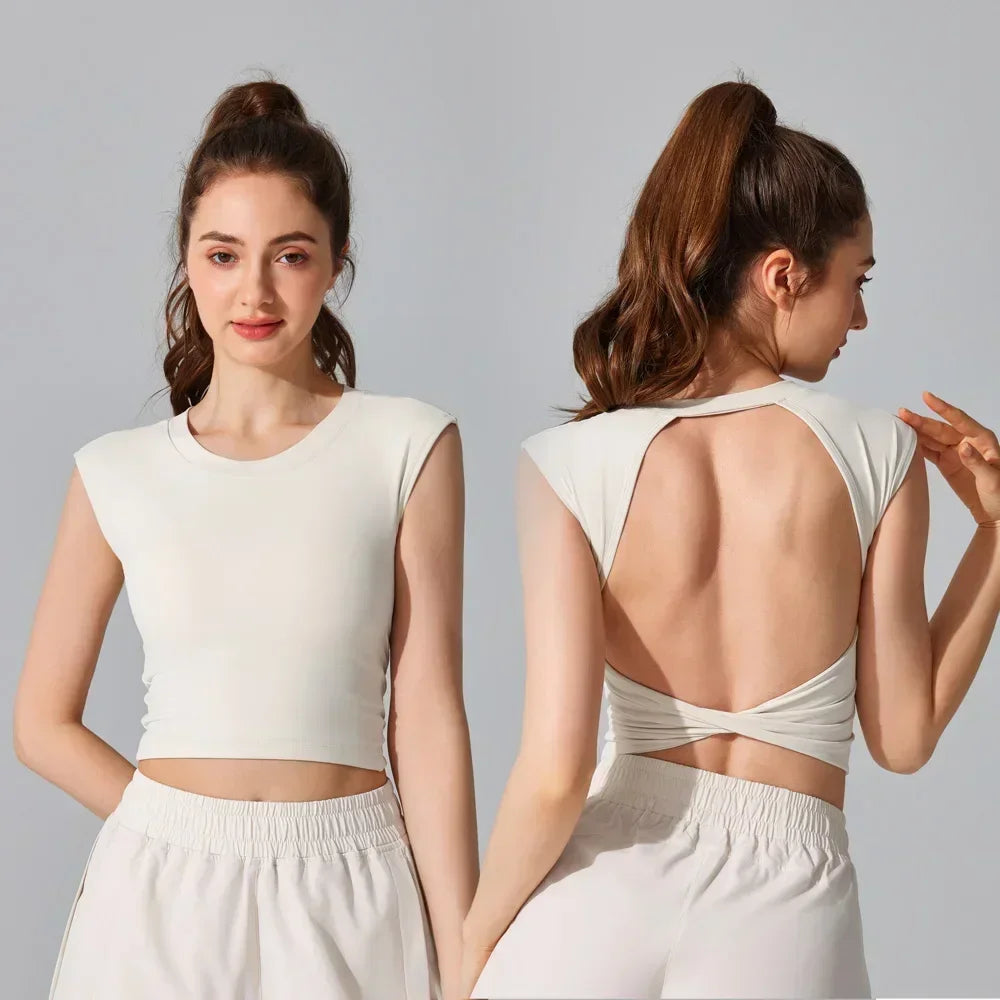 WomenSports Backless Tank Top - Slim Waist Short Sleeve Fitness Vest with Fixed Chest Pad, Yoga T-shirt for Women Workout Activewear
