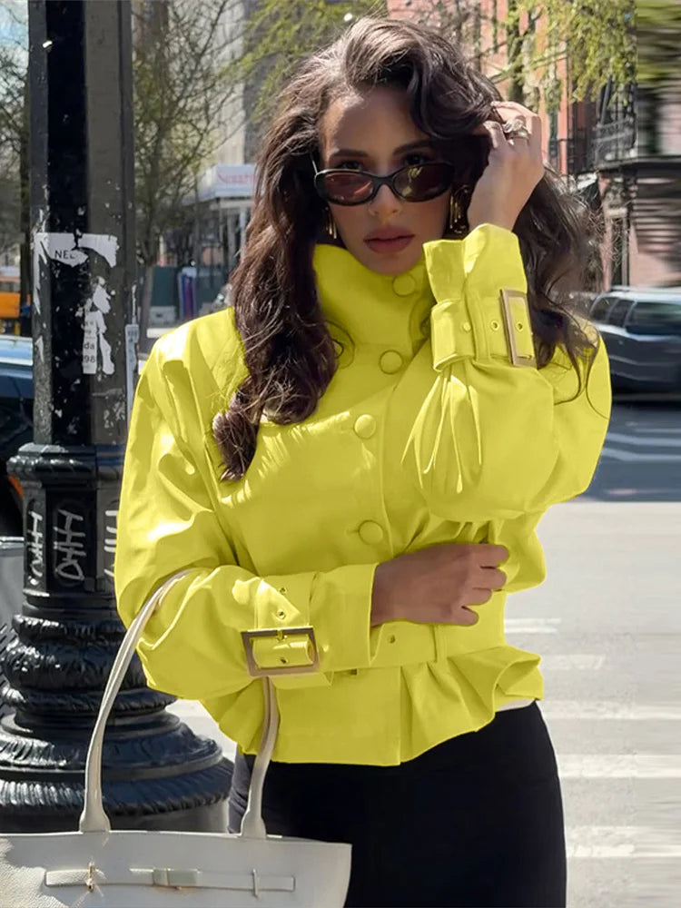 Women's Solid Colors All-match Crop Jackets High Neck Button Front Belted Waist Long Sleeve Metal Buckle Cuff Coat 2026 Autumn Chic Coats