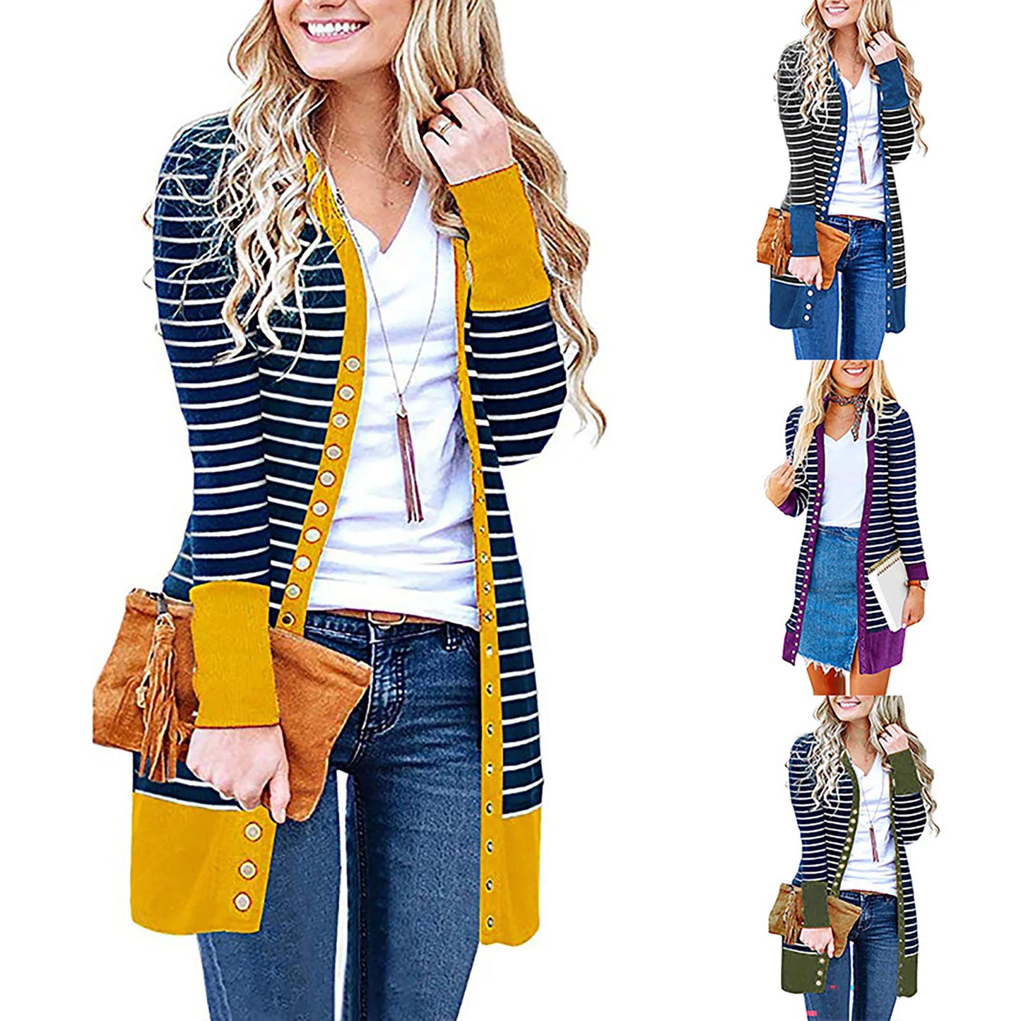 Women's Autumn/Winter Long Button Striped Cardigan Sweater Coat