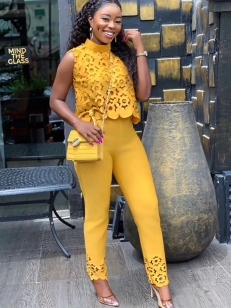 Women's Spring Summer Fashion Suits Hollowood Sleeveless O Neck Women's Simple Slim Suit Pants Elegant Office Female 2 Piece Set