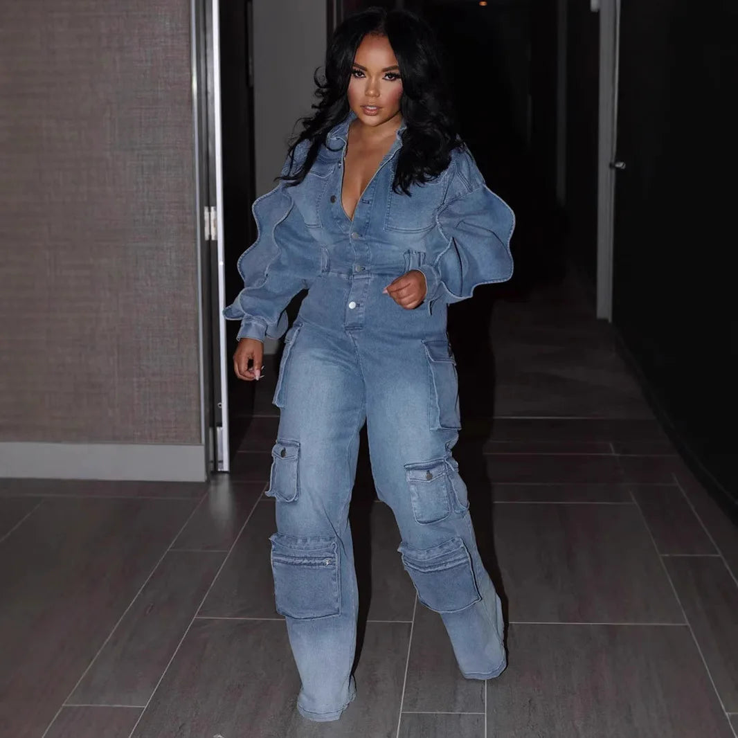 Women Overalls Denim Jumpsuits Long Sleeve Ruffles Pockets Streetwear Straight Pants Jeans