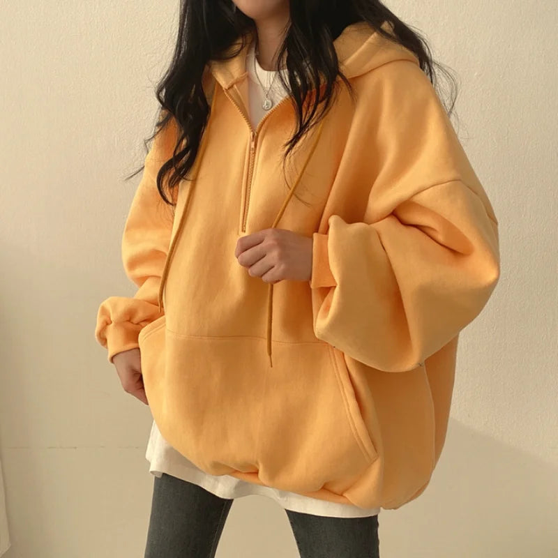 Women's Casual Long Sleeve Pockets Hoodies Loose Oversized Solid Color Half Zip Up Sweatshirt