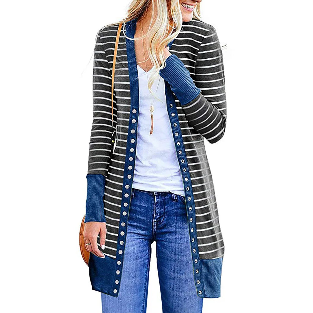 Women's Autumn/Winter Long Button Striped Cardigan Sweater Coat