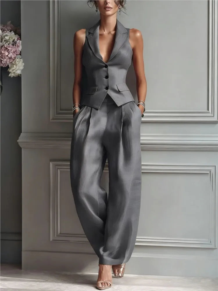 Women's Summer New Fashion Single-breasted Sleeveless Top + Trousers 2-piece Set Women's 2026 Slim Vest Suit Collar Trousers Office Suit
