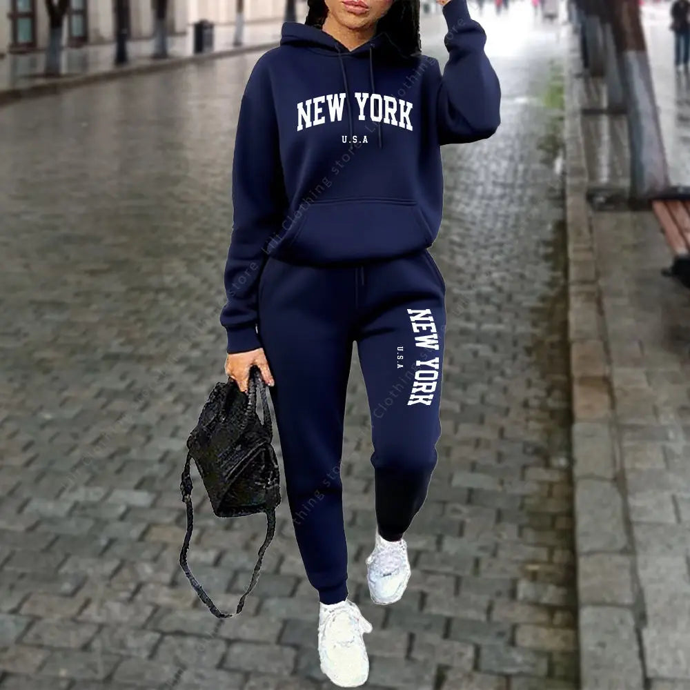 Women's NEW YORK Tracksuit Autumn Winter Hoodies Trousers 2PCS Suit Sports Jogging Pants Sets High Quality Clothes