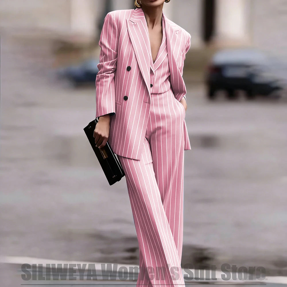 Navy Women's Double Breasted Striped 3 Piece Suits Blazer Vest Wide-Leg Pants Set Fashion Formal Party Office Casual Outfit