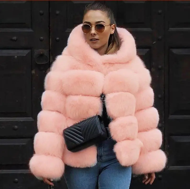 Women's Winter Fashion Hooded Fox Fur Jackets Loose Long Sleeves Female Eco Fur Coat Patchwork Plush Thick Lady Fur Coat