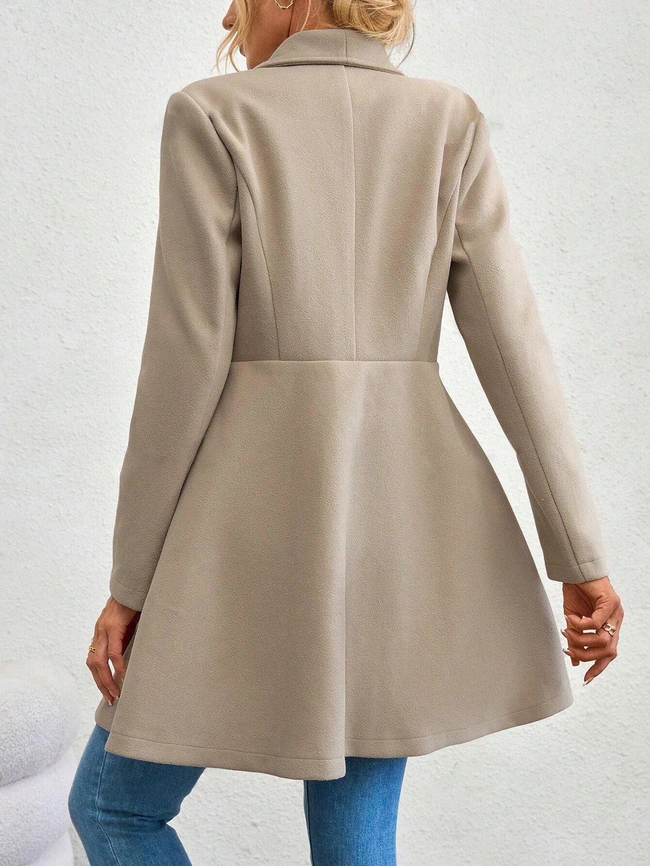 Women's Casual Solid Color Double-button Trendy Slim Long Sleeve Turn-down Collar Wool Coats Female Clothes