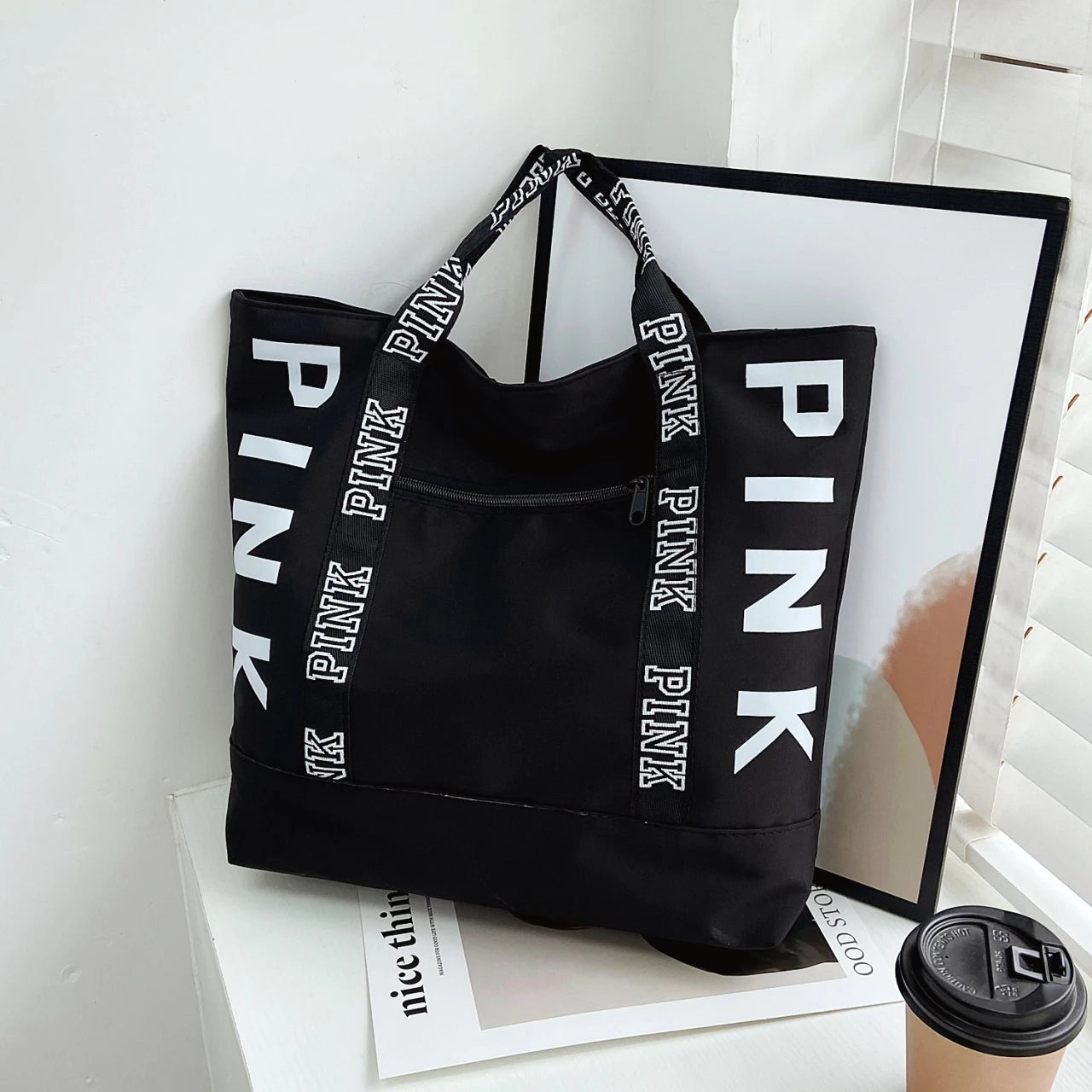 Woman Pink Letter Graphic Tote Casual Shoulder Handbags Bags Sports Fitness Tote Bag Nylon Fabric Bags Women Handbag