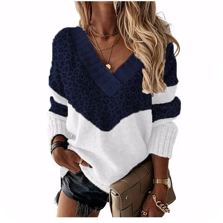 Women's Knitted V-neck Sweaters Stitching Contrast Color Long-Sleeved Knitting Top Pullover Autumn Winter Warm Female Jumper