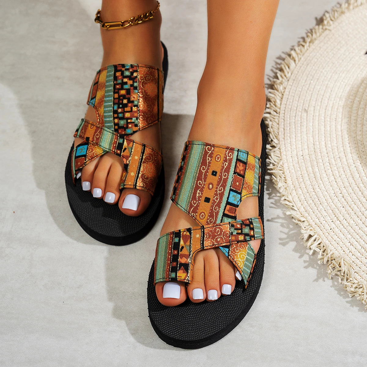 Women's Summer Fashion Sandals Open Toe Shoes Slip on Colorful Beach Shoe Ethnic Style Lightweight Slippers