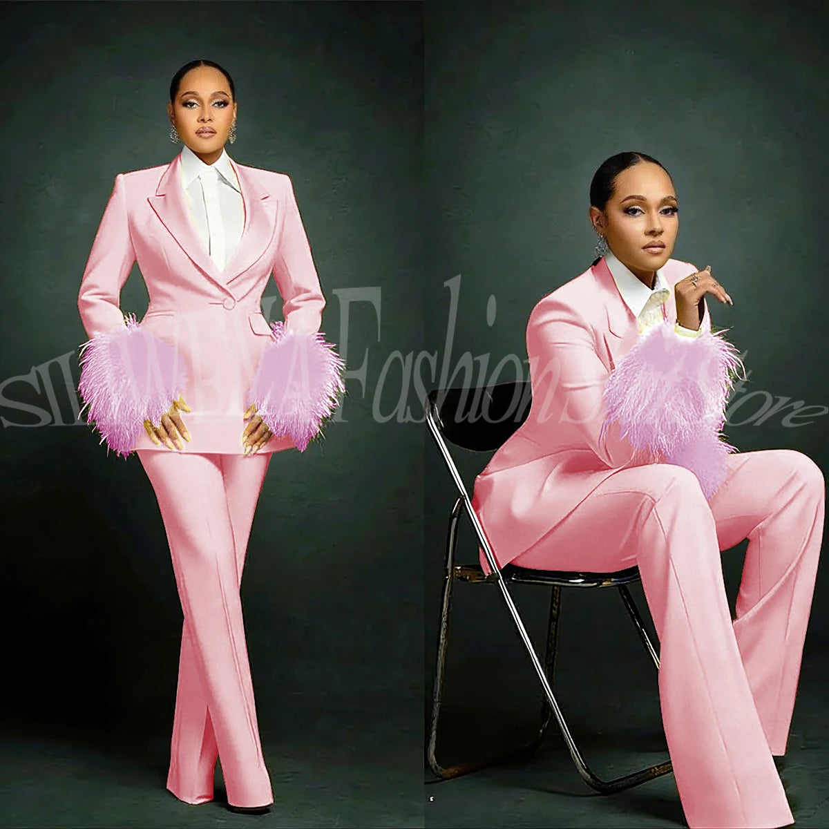 Women's  Luxury Feather Applique Single Breasted 2 Piece Suits