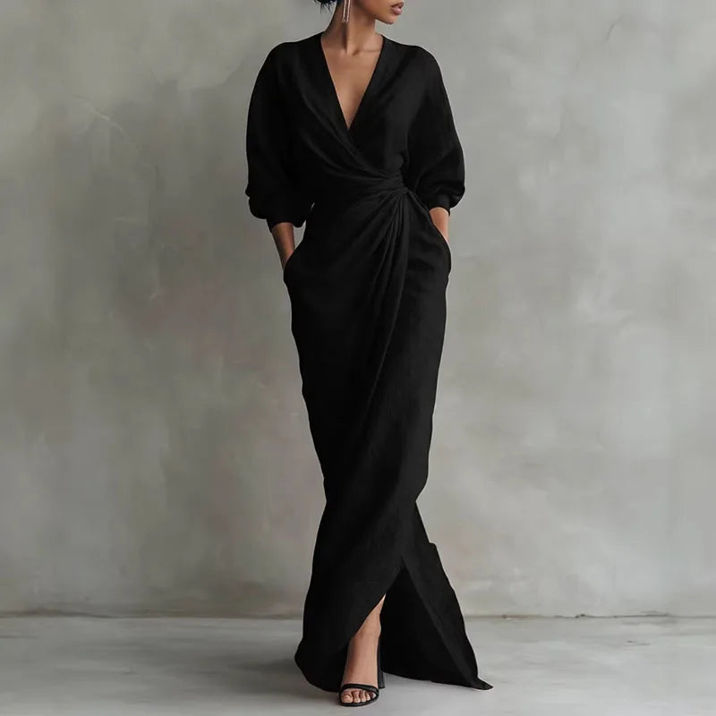 Women's V Neck Wrap Waist Long Dresses Spring Casual Solid Slim Bodycon Hips Dress Elegant Long Sleeve Slit Maxi Dress