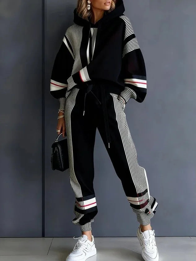 Women's Two-Piece Sport Winter Loose Fit Fashion Pant Sets Plus Size Pant Sets American Stripe Round Neck Sweatshirt and Pants Set