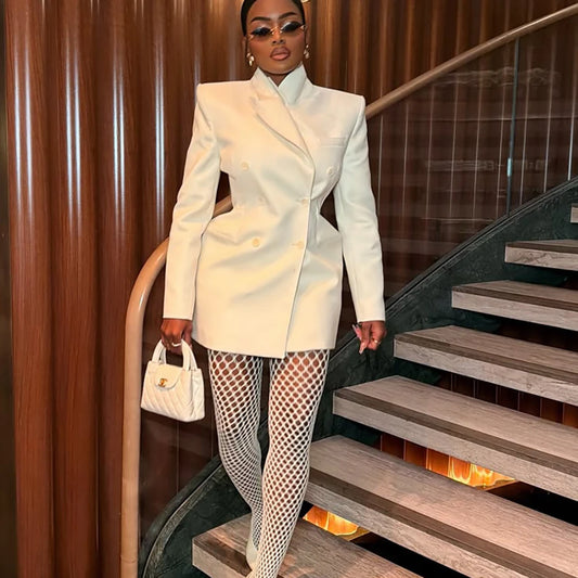 Women's Elegant White Oversized Jacket Double Breasted Blazer Dress Elegant Formal Long 1 Piece Suit for Evening Party
