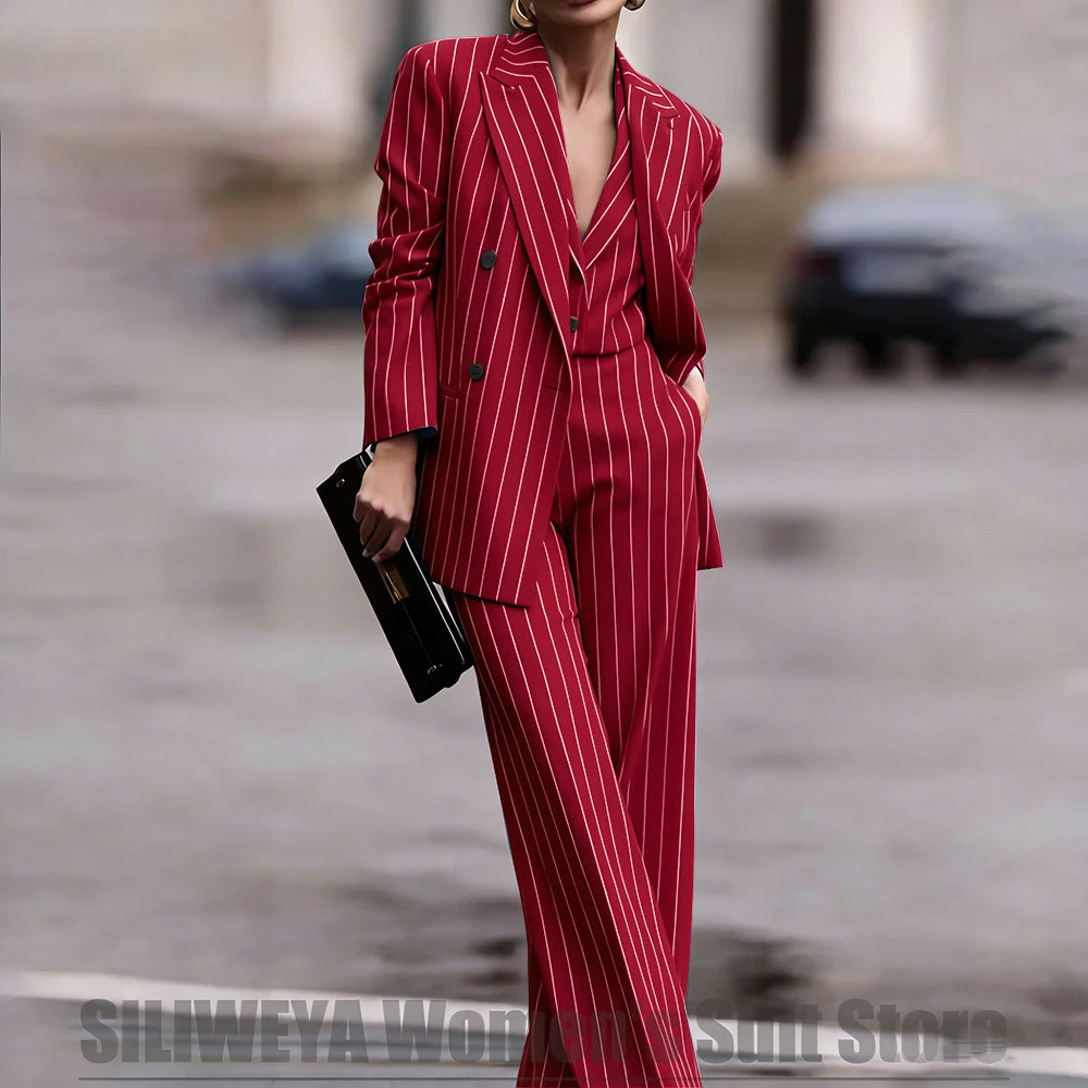 Navy Women's Double Breasted Striped 3 Piece Suits Blazer Vest Wide-Leg Pants Set Fashion Formal Party Office Casual Outfit