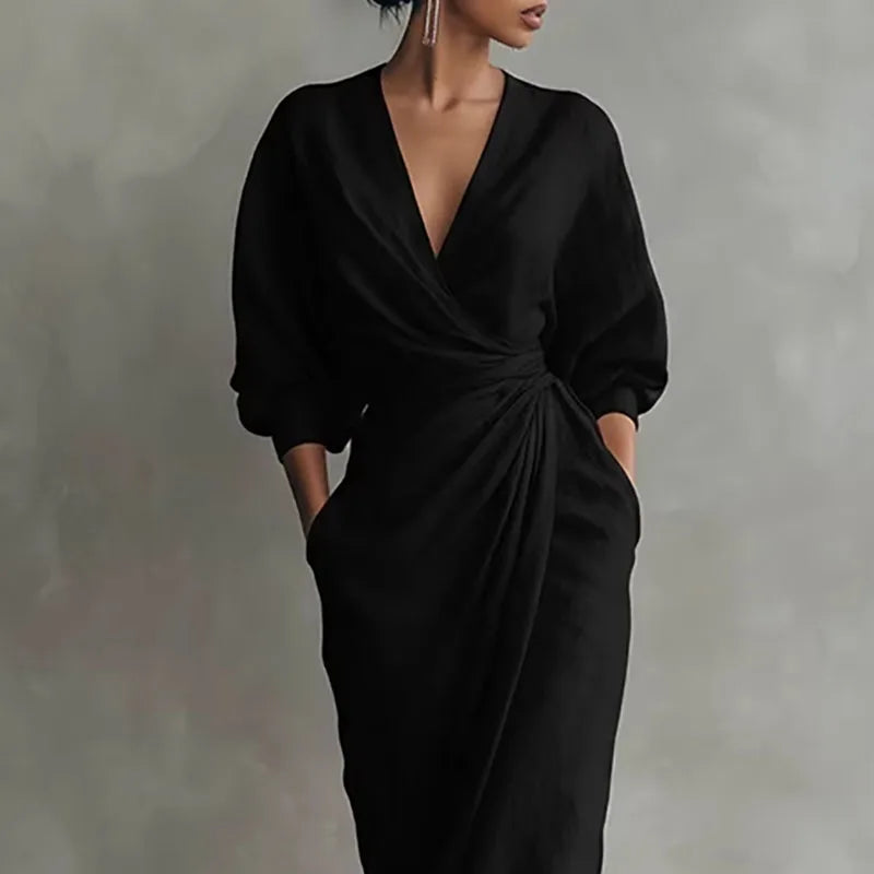 Women's V Neck Wrap Waist Long Dresses Spring Casual Solid Slim Bodycon Hips Dress Elegant Long Sleeve Slit Maxi Dress