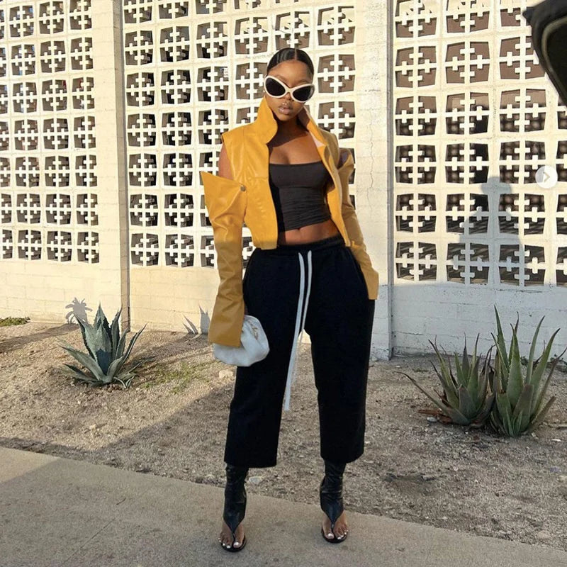 Women's PU Leather Hipster Crop Jacket Shoulder Hollow Long Sleeve Cardigan Autumn Wild Streetwear Patchwork Solid Y2K Trend Coats