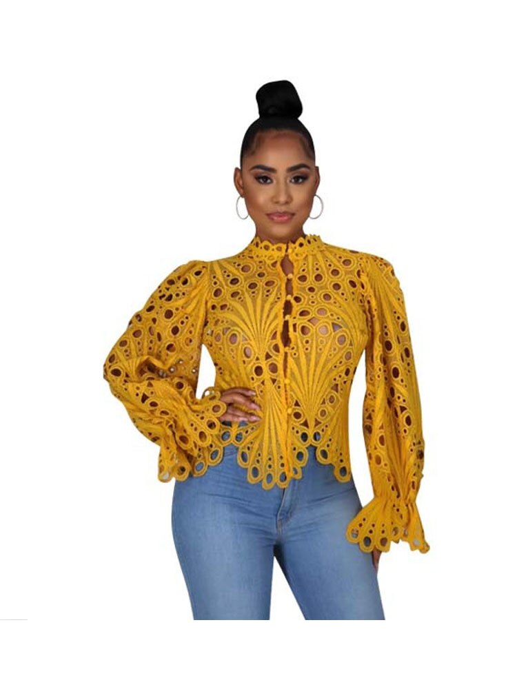 Women Casual Lantern Long Sleeve Stand Collar Shirts Sexy Lace Hollow Out Short Blouse