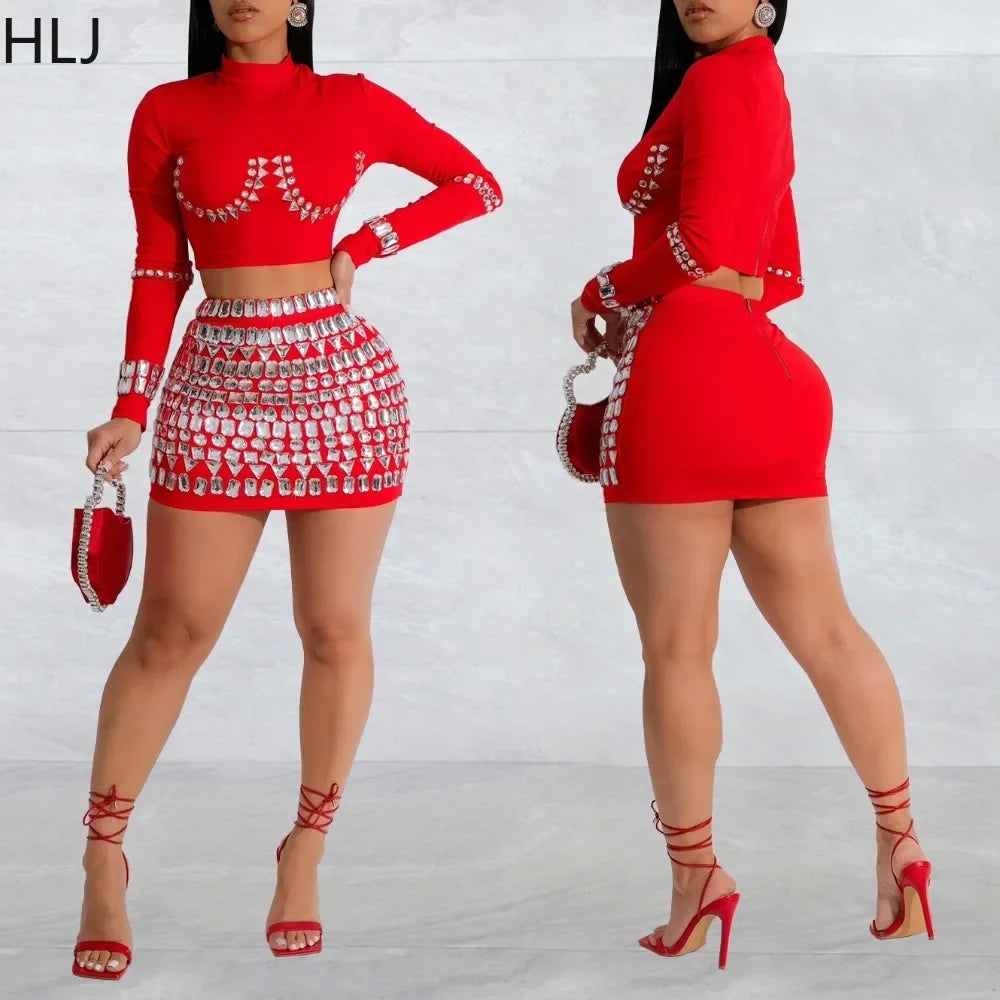 Women's Luxury Rhinestone Mini Skirts Two-Piece Sets Women Round Neck Long Sleeve Crop Top and Skirts Outfit