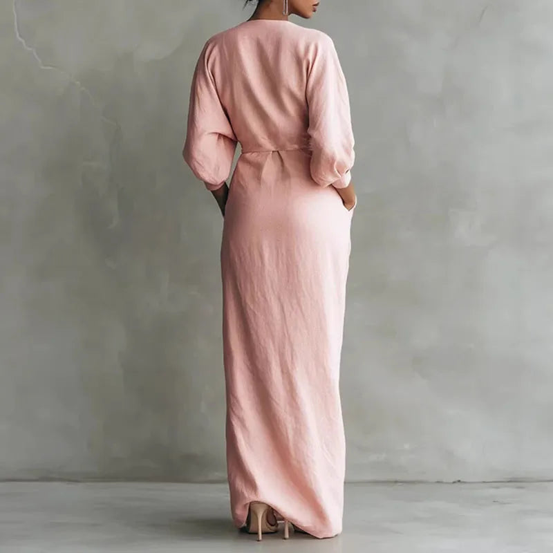 Women's V Neck Wrap Waist Long Dresses Spring Casual Solid Slim Bodycon Hips Dress Elegant Long Sleeve Slit Maxi Dress