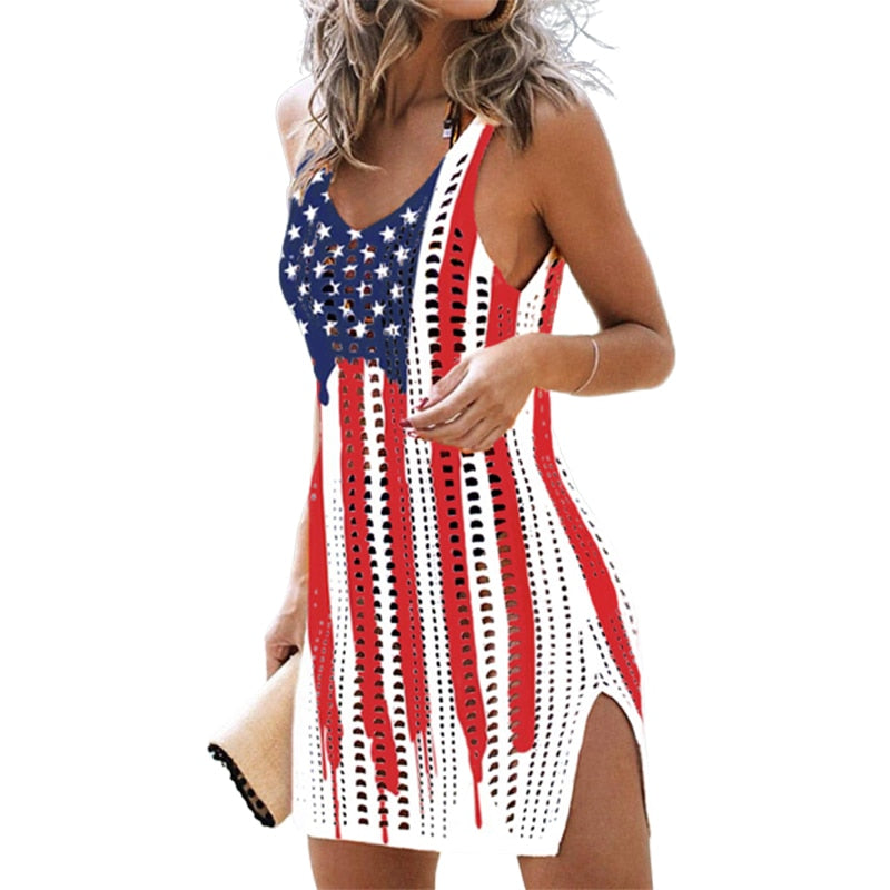 Women American Flag Hollow Out Slit Crochet Cover Up Sleeveless Tank Dress 4th of July Beach Swimwear