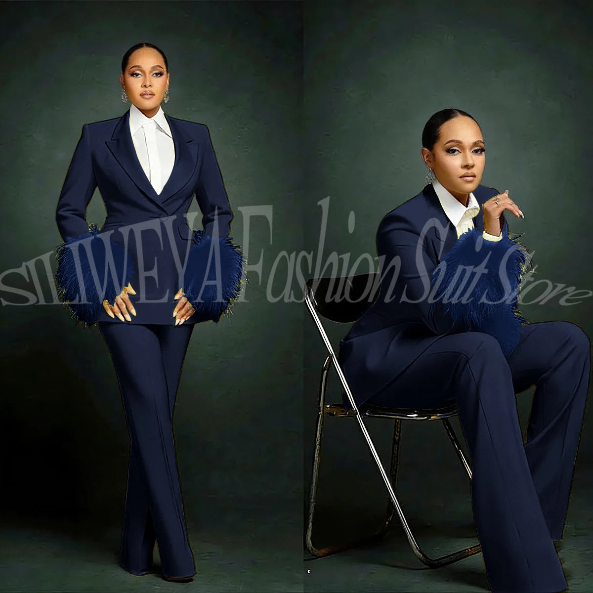 Women's  Luxury Feather Applique Single Breasted 2 Piece Suits