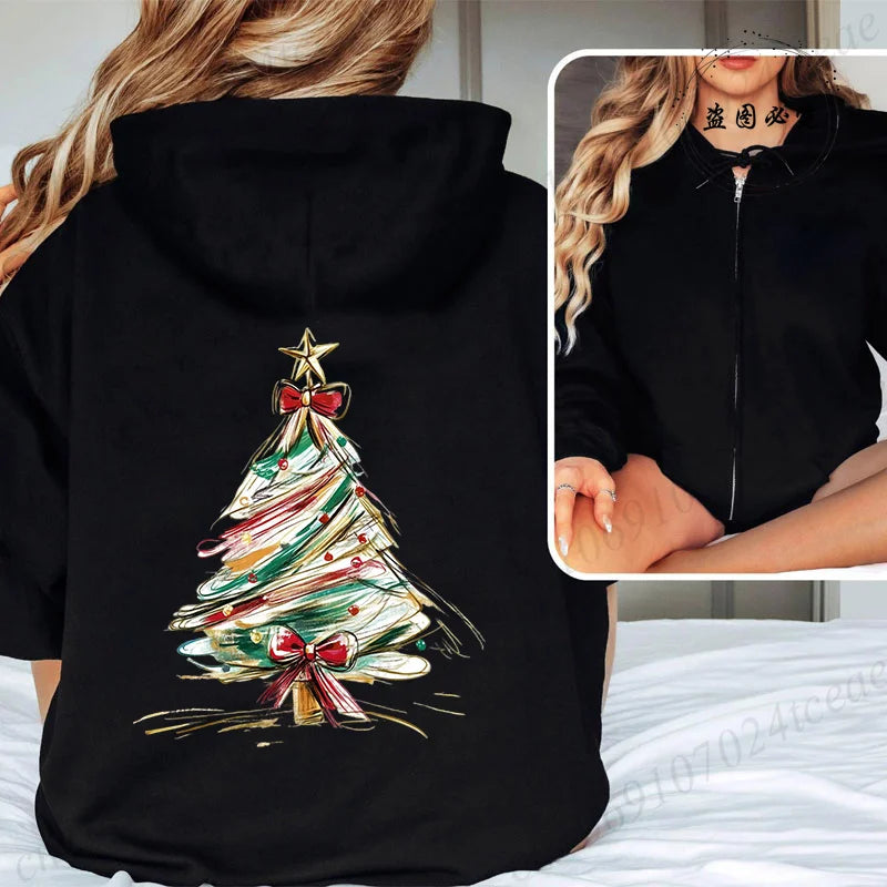 Women Men Oversize Merry Christmas Reindeer Print Zipper Hoodies Coat Tops Femme Zip Sweatshirts Christmas Party Jackets
