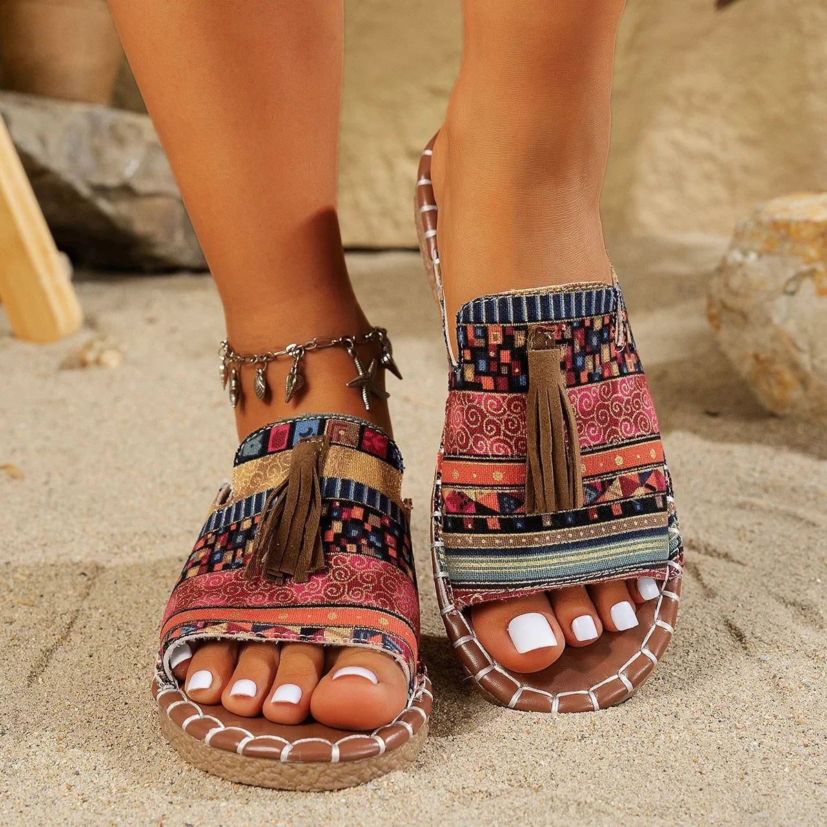 Women's Bohemian Beach Sandals Flat Bottom Slippers Outdoor Summer New Tassel Large Size Cross-Border Slippers for Adults