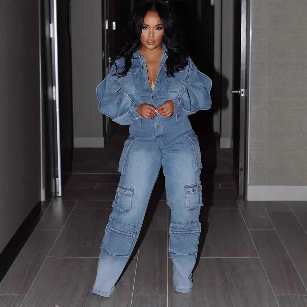 Women Overalls Denim Jumpsuits Long Sleeve Ruffles Pockets Streetwear Straight Pants Jeans