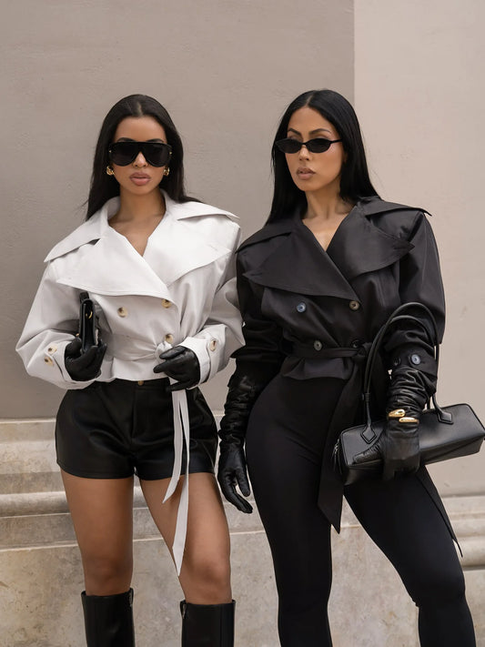 Women's New Lace Up Cropped Trench Coats Lapel Long Sleeves Wide Shoulder Windbreaker Jacket Fall Commuting Daily Jackets