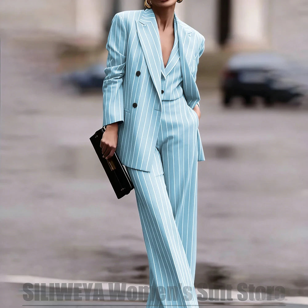 Navy Women's Double Breasted Striped 3 Piece Suits Blazer Vest Wide-Leg Pants Set Fashion Formal Party Office Casual Outfit