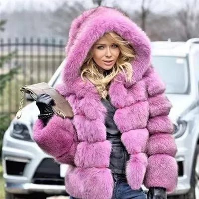 Women's Winter Fashion Hooded Fox Fur Jackets Loose Long Sleeves Female Eco Fur Coat Patchwork Plush Thick Lady Fur Coat