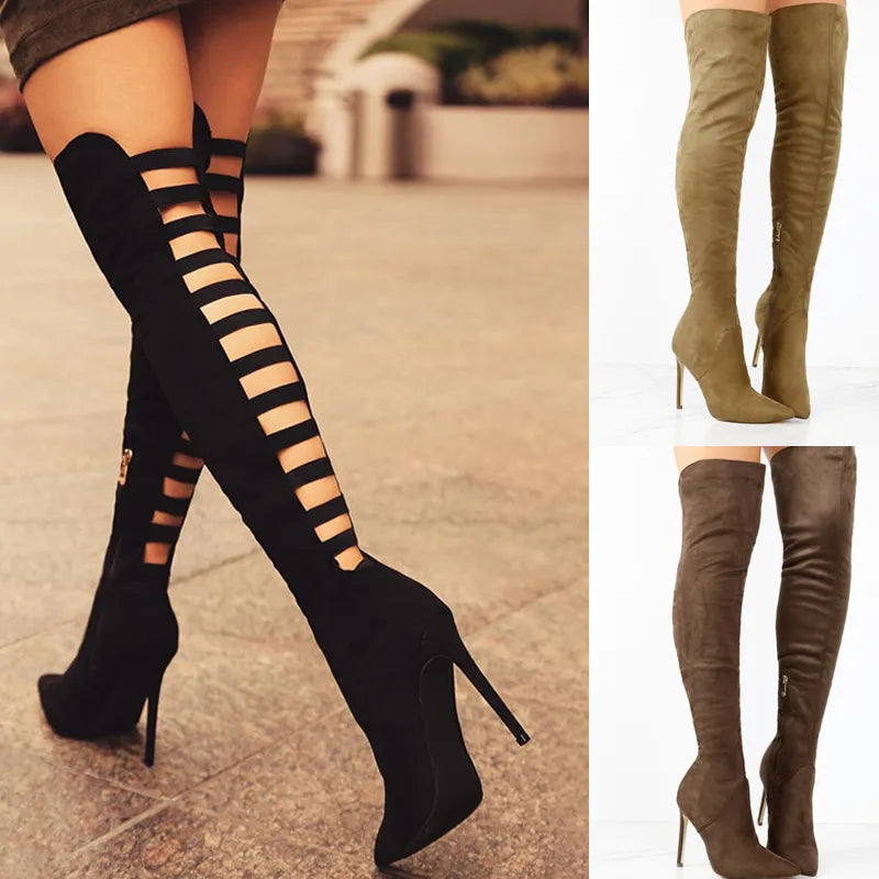 Women's New Long Barrel High Heel Boots Fashion Pointed Back Hollow Thin Heel Large Size 5-10.5 Women's Boots