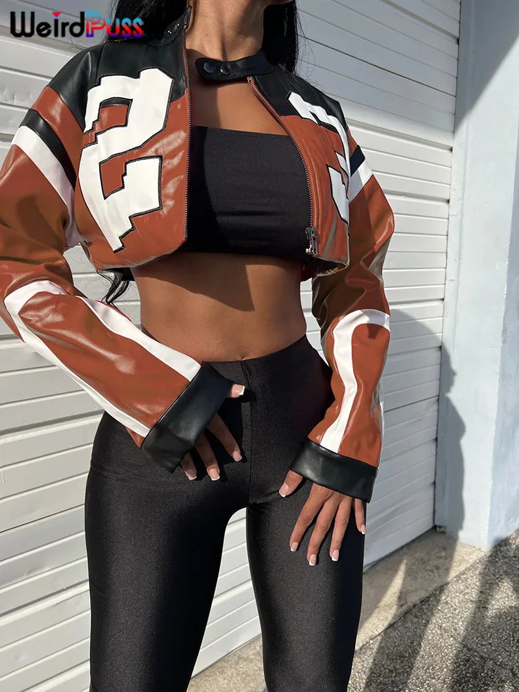 Women's Casual Faux Leather Varsity Jacket Hipster Letter Print Autumn Sporty Wild Streetwear Trend Crop Coat