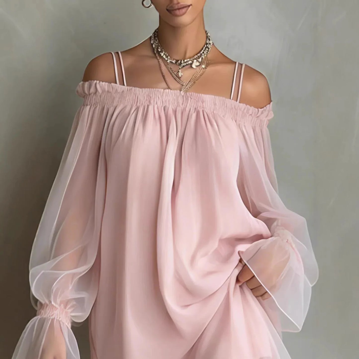 Women's Elegant Double Strap Off Shoulder Dresses Sweet Fairy Mini Loose Dresses Summer New Sheer Mesh Long Sleeve Ropa Muje