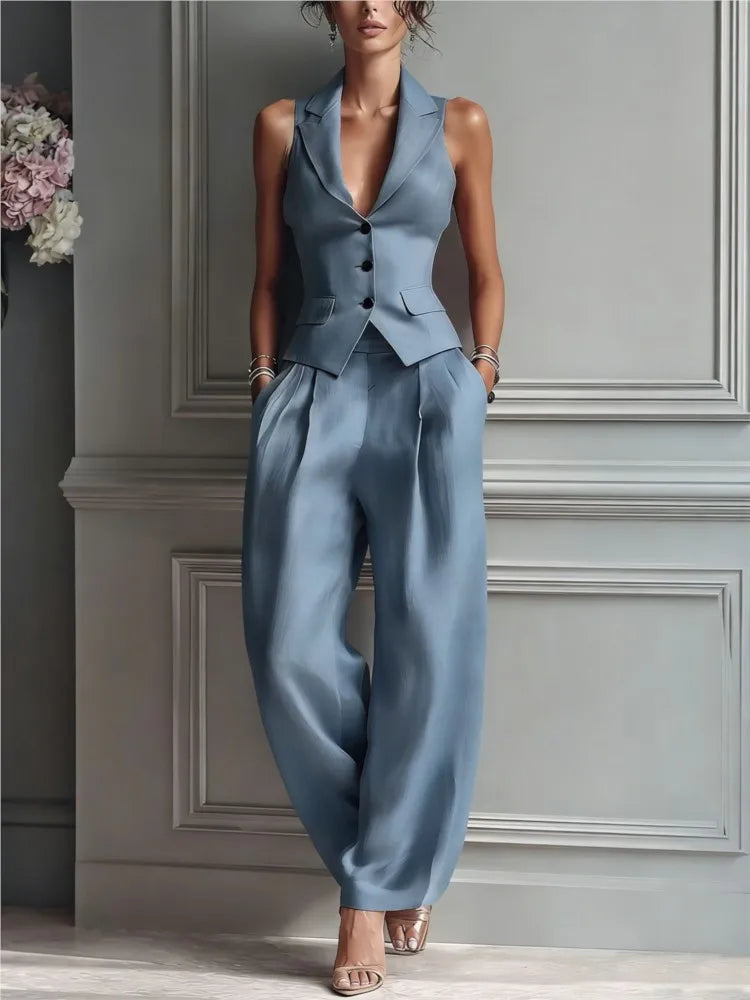 Women's Summer New Fashion Single-breasted Sleeveless Top + Trousers 2-piece Set Women's 2026 Slim Vest Suit Collar Trousers Office Suit