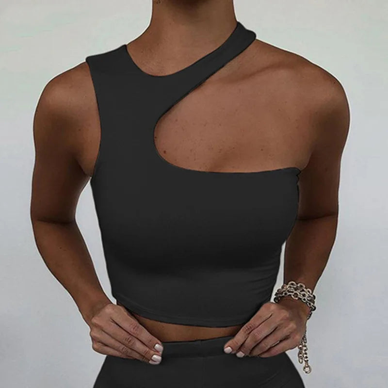 Women's Off One Shoulder Irregular Hollow Out Sport Tank Top Halter Crop Tops Sleeveless Cropped Vest Camis Tube Top Female