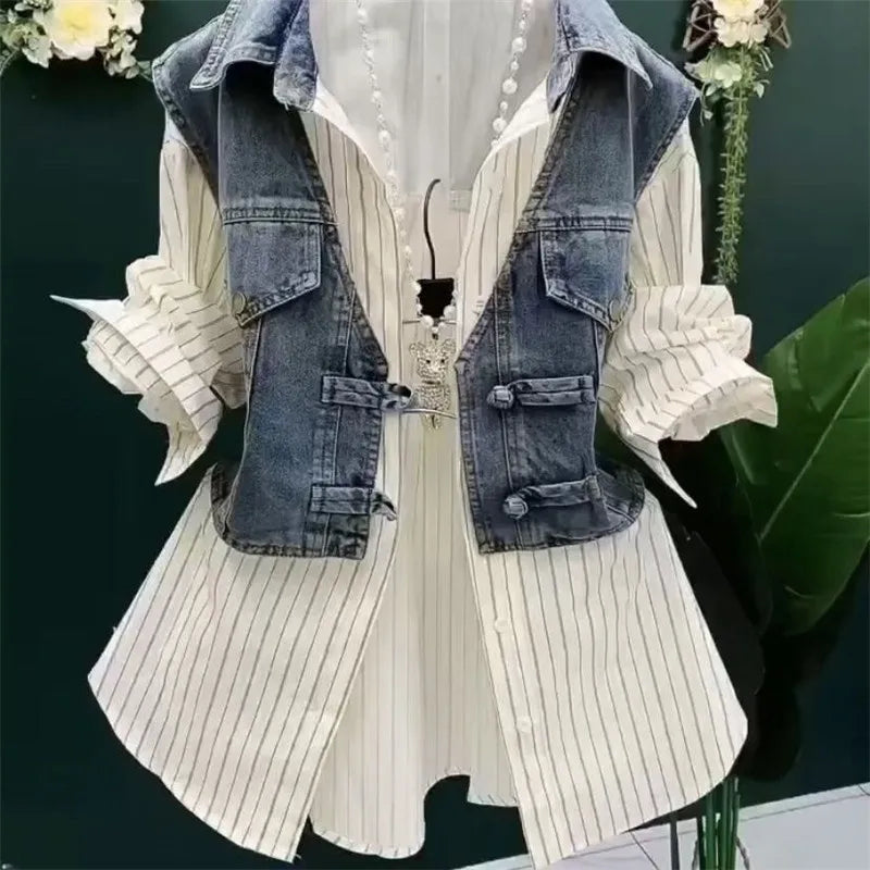 Women's New Fashion Design Sense Striped Denim Jackets Shirt New Cowboy Splicing Shirt Coat