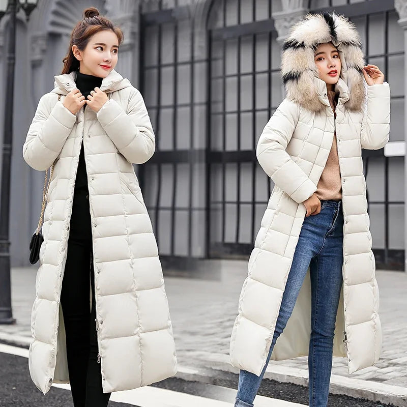 Women's Winter Jacket Warm Fashion Comfortable Bow Belt Fox Fur Collar Clothes Long Thick Coats