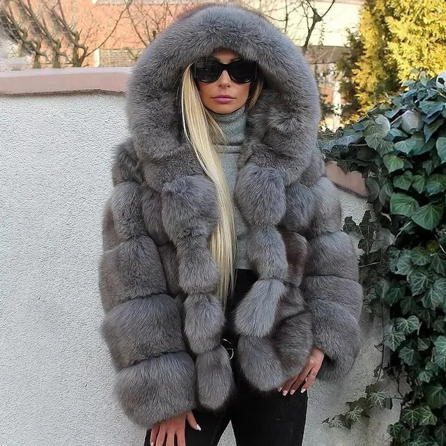 Women's Winter Fashion Hooded Fox Fur Jackets Loose Long Sleeves Female Eco Fur Coat Patchwork Plush Thick Lady Fur Coat