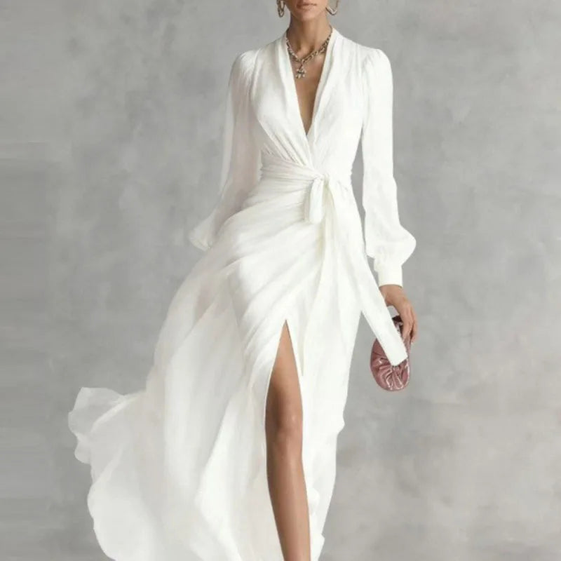 Elegant Deep V Neck Hollow Party Wrap Dresses Tie Waist High Slit Long Dress Femme Solid Long Sleeve Maxi Dress