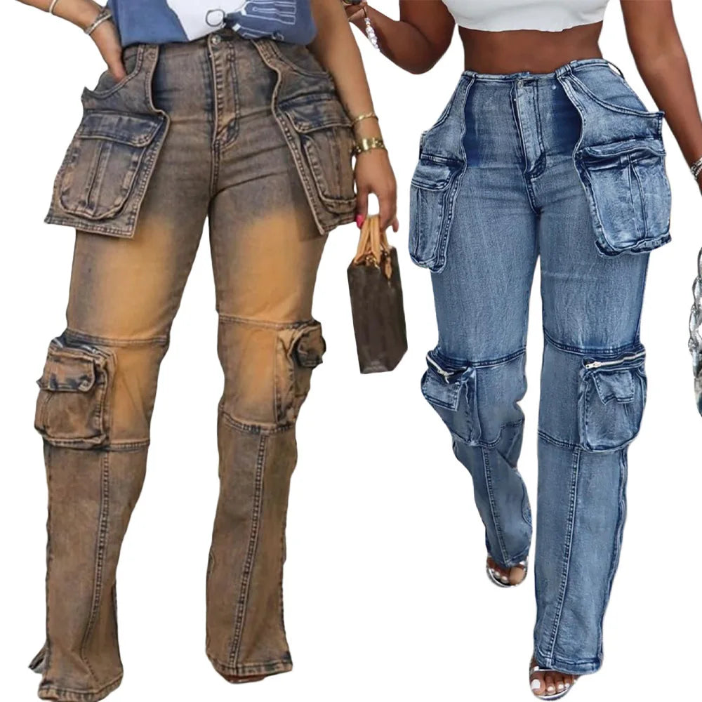 Women New Vintage Washed Distressed Jeans Ankle Length Spliced Cargo Pants Denim Pockets High Waist