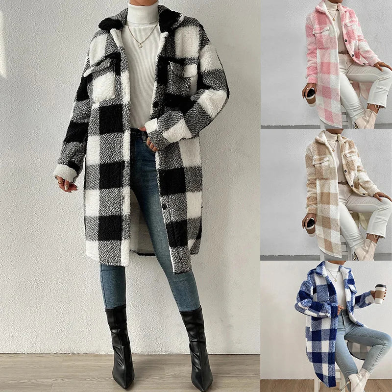 Women Elegant Autumn Winter Wool Blends Splice Plaid Coat